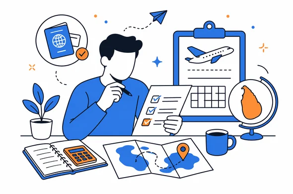 Flat semi-flat vector illustration of a traveler reviewing budget notes, flight details and ETA planning for a Sri Lanka trip, clean modern tech feel, faceless abstract character, calm organized atmosphere, minimal background, Aid-Air palette.