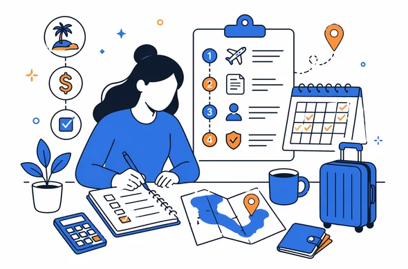 Flat semi-flat vector illustration of a traveler organizing trip planning steps, ETA basics and budget checklist for Sri Lanka, clean modern tech feel, faceless abstract character, calm organized atmosphere, minimal background, Aid-Air palette.