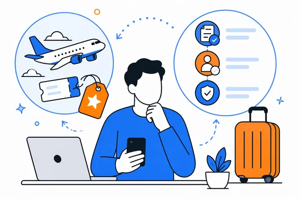 Flat semi-flat vector illustration of a traveler comparing a cheap last-minute flight deal with ETA preparation steps, clean modern tech feel, faceless abstract characters, calm organized atmosphere, minimal background, Aid-Air palette.