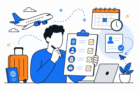 Flat semi-flat vector illustration of a traveler reviewing a quick checklist before booking a flight and submitting ETA, clean modern tech feel, faceless abstract characters, calm organized atmosphere, minimal background, Aid-Air palette.