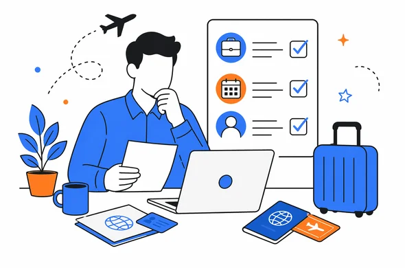 Flat semi-flat vector illustration of a business traveler reviewing trip details before Sri Lanka ETA submission, clean modern tech feel, faceless abstract characters, calm organized atmosphere, minimal background, Aid-Air palette.