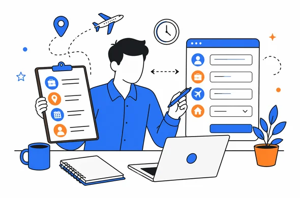 Flat semi-flat vector illustration of an organized traveler comparing business trip purpose with ETA form details, clean modern tech feel, faceless abstract characters, calm organized atmosphere, minimal background, Aid-Air palette.