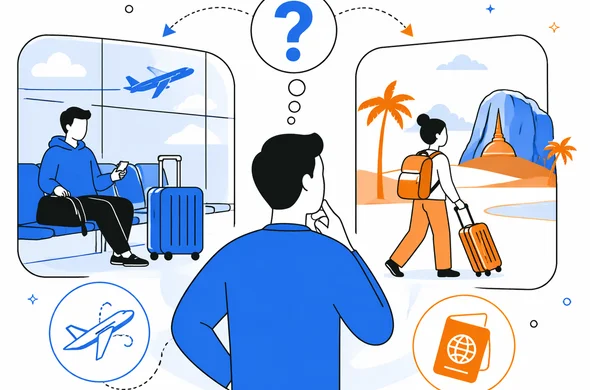 Flat semi-flat vector illustration of a traveler comparing overnight transit versus entry into Sri Lanka, clean modern tech feel, faceless abstract characters, calm organized atmosphere, minimal background, Aid-Air palette.