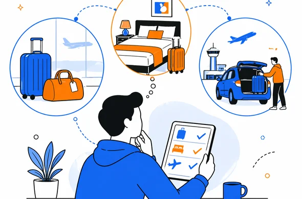 Flat semi-flat vector illustration of a traveler checking baggage, hotel stay, and overnight airport transfer details, clean modern tech feel, faceless abstract characters, calm organized atmosphere, minimal background, Aid-Air palette.