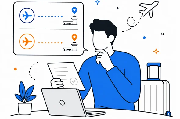 Flat semi-flat vector illustration of a traveler reviewing an itinerary with arrival airport and different departure airport, clean modern tech feel, faceless abstract characters, calm organized atmosphere, minimal background, Aid-Air palette.