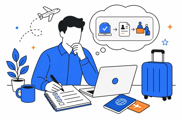 Flat semi-flat vector illustration of a calm business traveler planning ETA submission and entry steps for Sri Lanka, clean modern tech feel, faceless abstract characters, calm organized atmosphere, minimal background, Aid-Air palette.