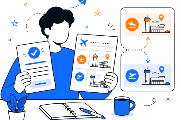 Flat semi-flat vector illustration of a traveler comparing ETA approval with itinerary details showing different arrival and departure airports, clean modern tech feel, faceless abstract characters, calm organized atmosphere, minimal background, Aid-Air palette.