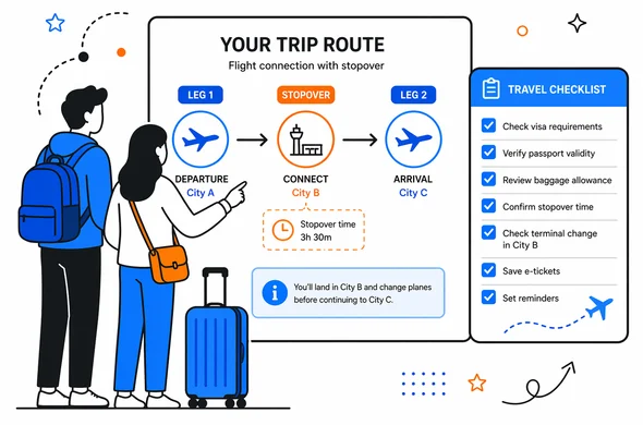 Flat semi-flat vector illustration of a travel route board with transit stop, checklist and connection arrows, faceless abstract characters, calm organized atmosphere, minimal background, Aid-Air palette, clean modern tech feel