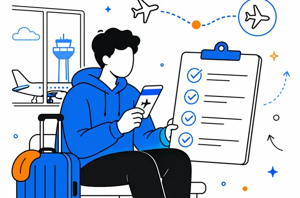 Flat semi-flat vector illustration of a traveler checking a transit checklist before a connecting flight, faceless abstract character, calm organized atmosphere, minimal background, Aid-Air palette, clean modern tech feel