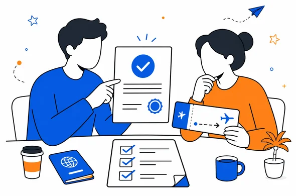 Flat semi-flat vector illustration of travelers reviewing ETA approval, one-way flight ticket, and travel checklist before a trip to Sri Lanka, faceless abstract characters, calm organized atmosphere, minimal background, Aid-Air palette, clean modern tech feel