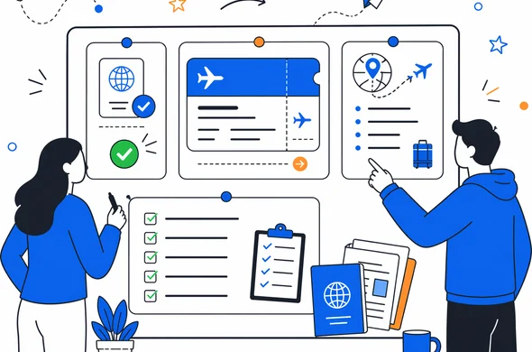 Flat semi-flat vector illustration of an organized travel planning board with ETA approval, one-way ticket, onward travel notes, and checklist, faceless abstract characters, calm organized atmosphere, minimal background, Aid-Air palette, clean modern tech feel
