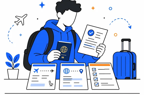 Flat semi-flat vector illustration of a traveler organizing passport, ETA approval, one-way flight details, and onward travel plan before boarding, faceless abstract characters, calm organized atmosphere, minimal background, Aid-Air palette, clean modern tech feel