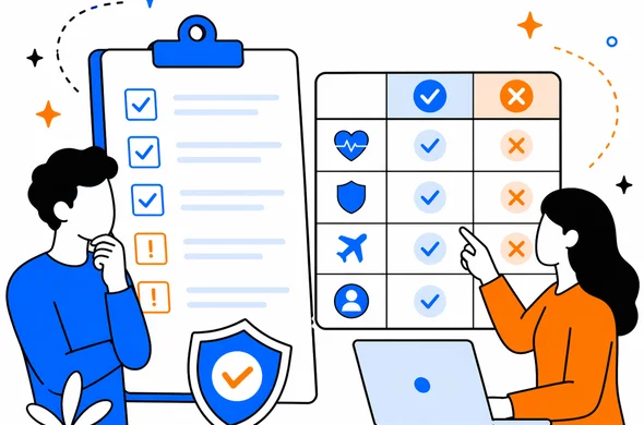 Flat semi-flat vector illustration of a structured checklist and comparison table for reviewing a travel application before submission, faceless abstract characters, calm organized atmosphere, minimal background, Aid-Air palette, clean modern tech feel.