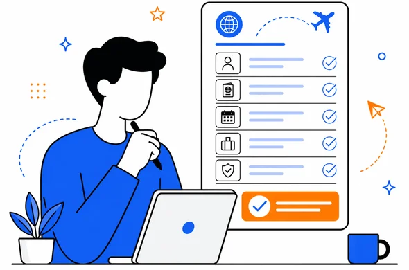 Flat semi-flat vector illustration of a traveler making a final careful review of a digital travel authorization form before submission, calm organized atmosphere, faceless abstract character, minimal background, Aid-Air palette, clean modern tech feel.